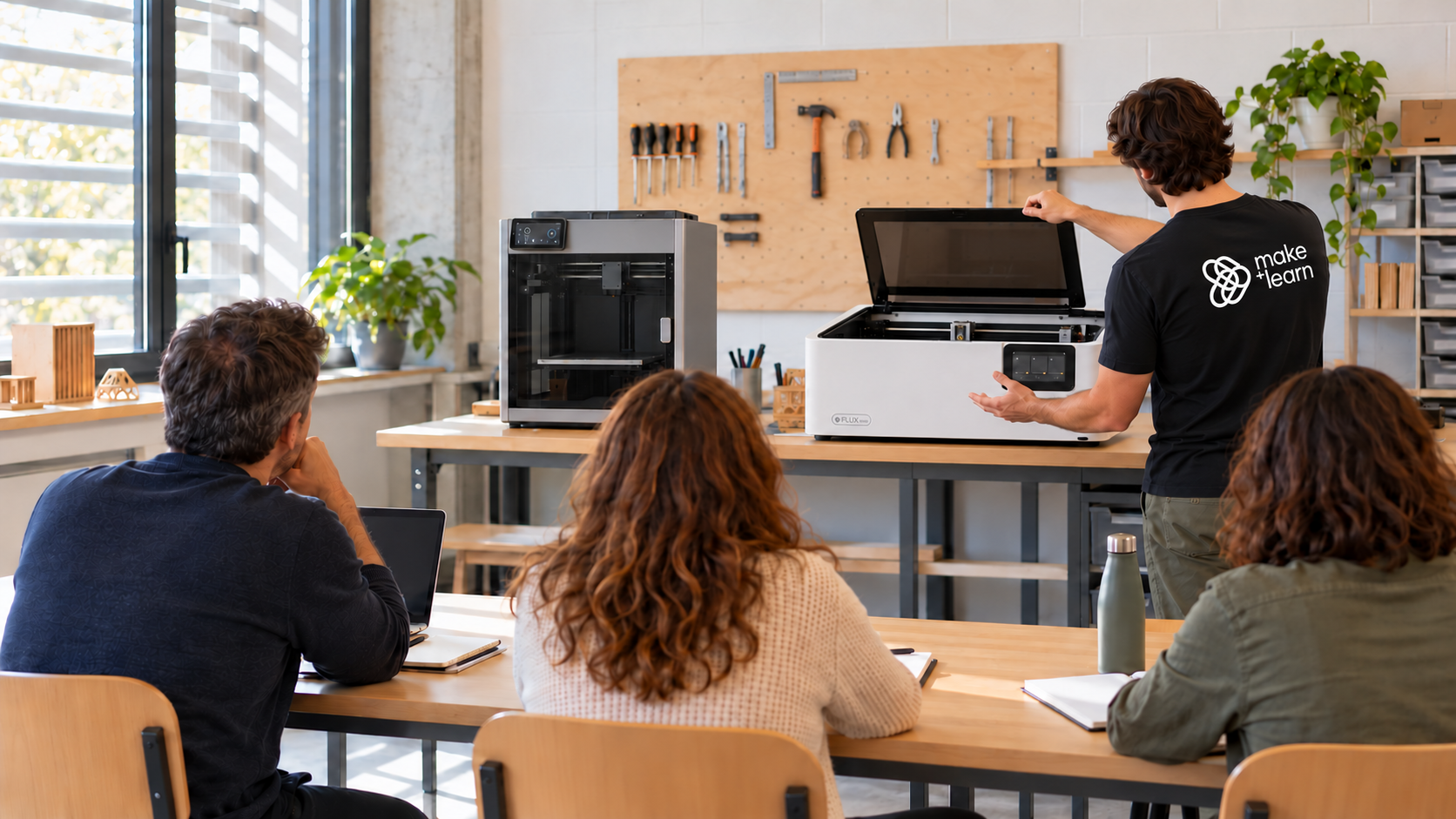 Imatge generada d’una formació de fabricació digital amb una persona formadora de make+learn i docents en una aula