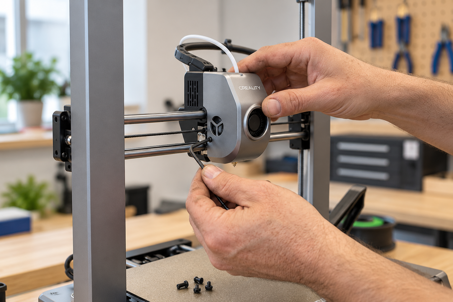 Manteniment d’una impressora 3D: unes mans ajusten el capçal amb una eina de precisió
